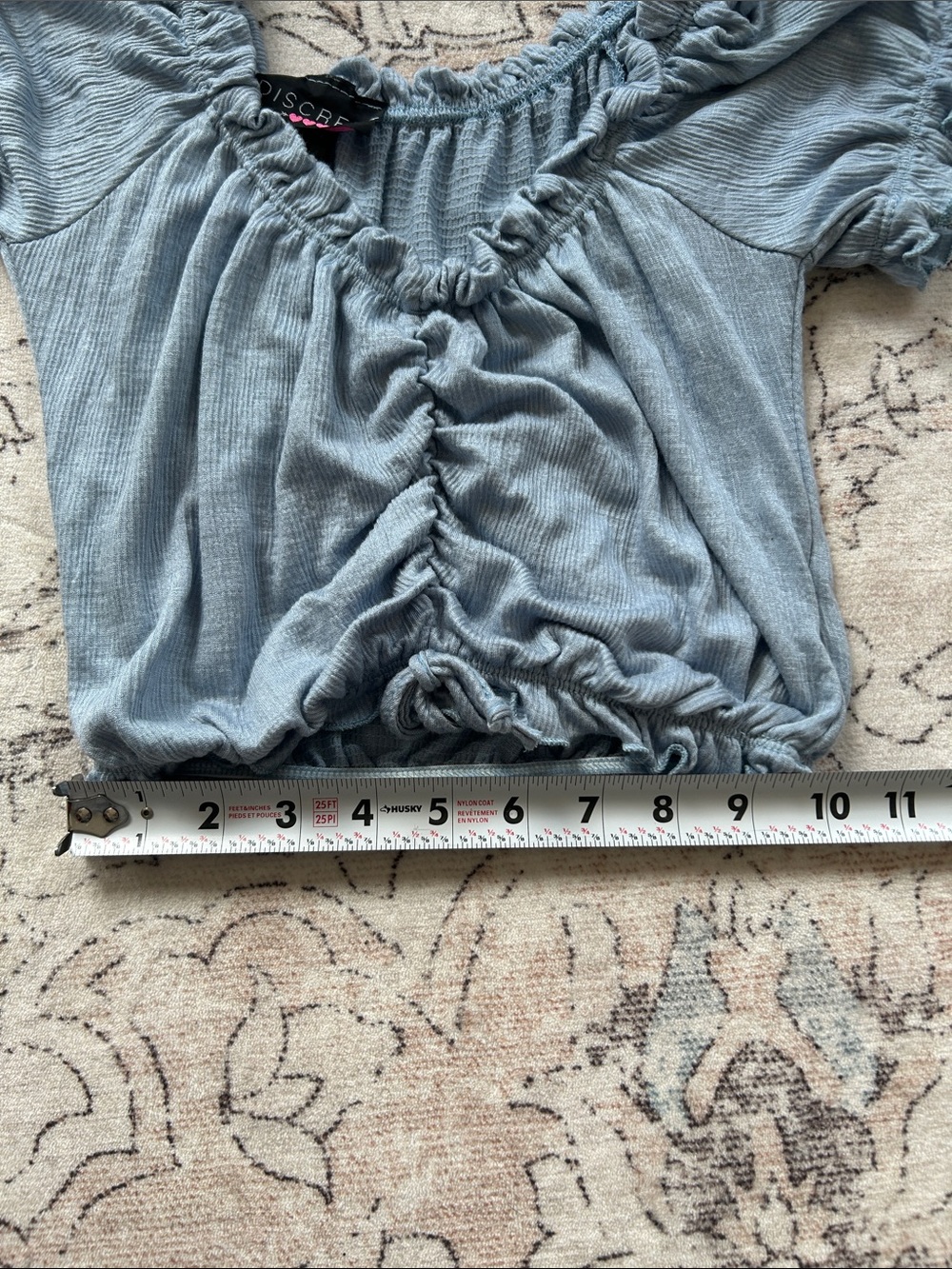 Discreet - Dusty Blue Ruched Ruffle Off The Shoulder Crop Top - Picture 8 of 10